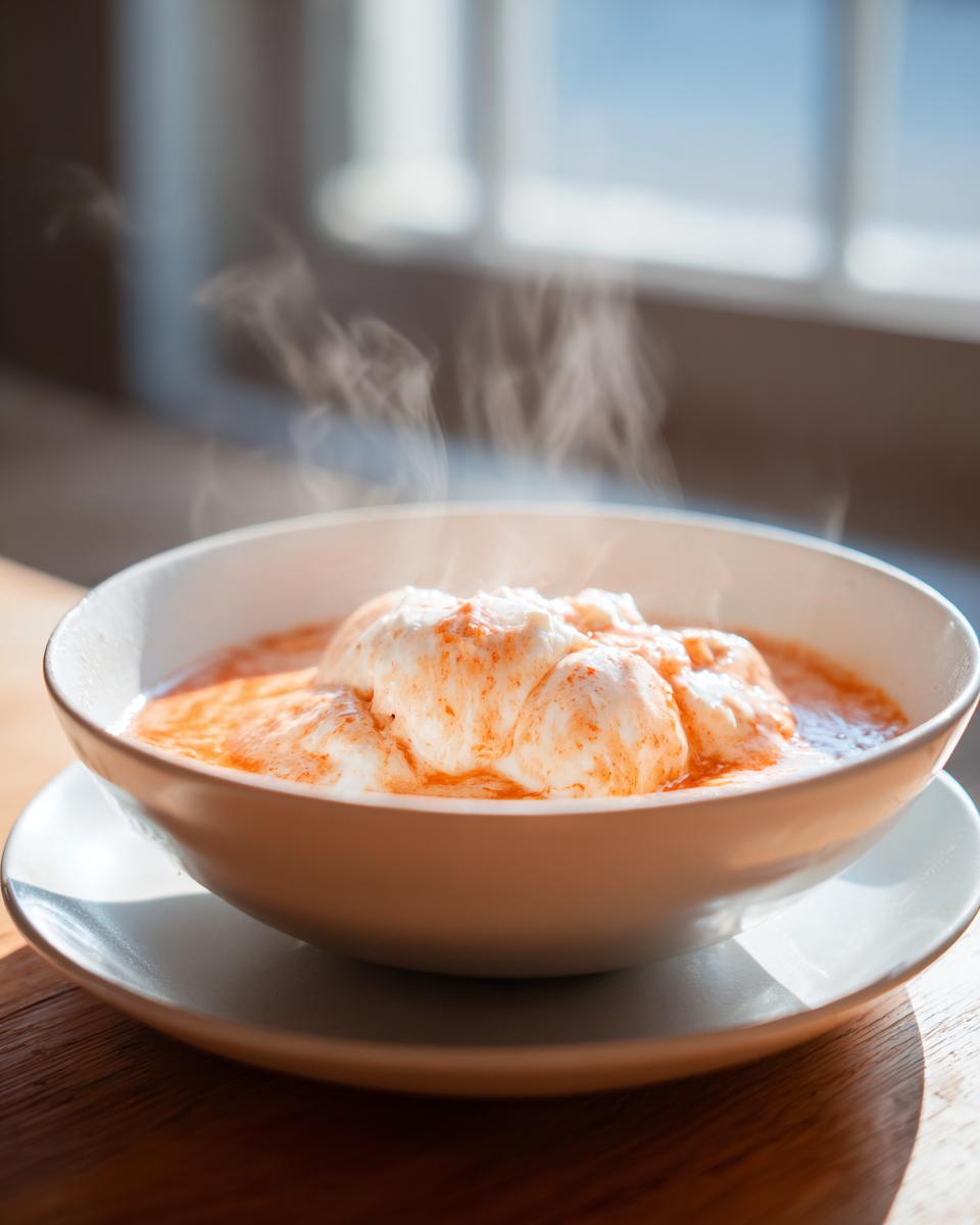 A steaming bowl of amazing crab soup topped with a dollop of cream or soft cheese, sprinkled with paprika.