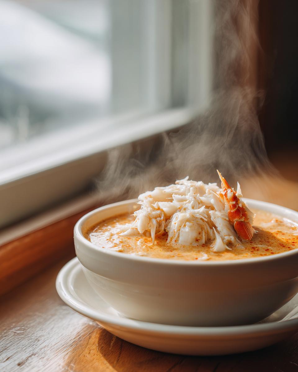 A steaming white bowl filled with rich, orange-hued crab soup, generously topped with white lump crab meat.