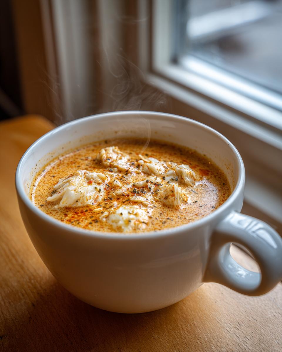 Close-up of a steaming white mug filled with rich, creamy crab soup topped with generous chunks of white crab meat and Old Bay seasoning.