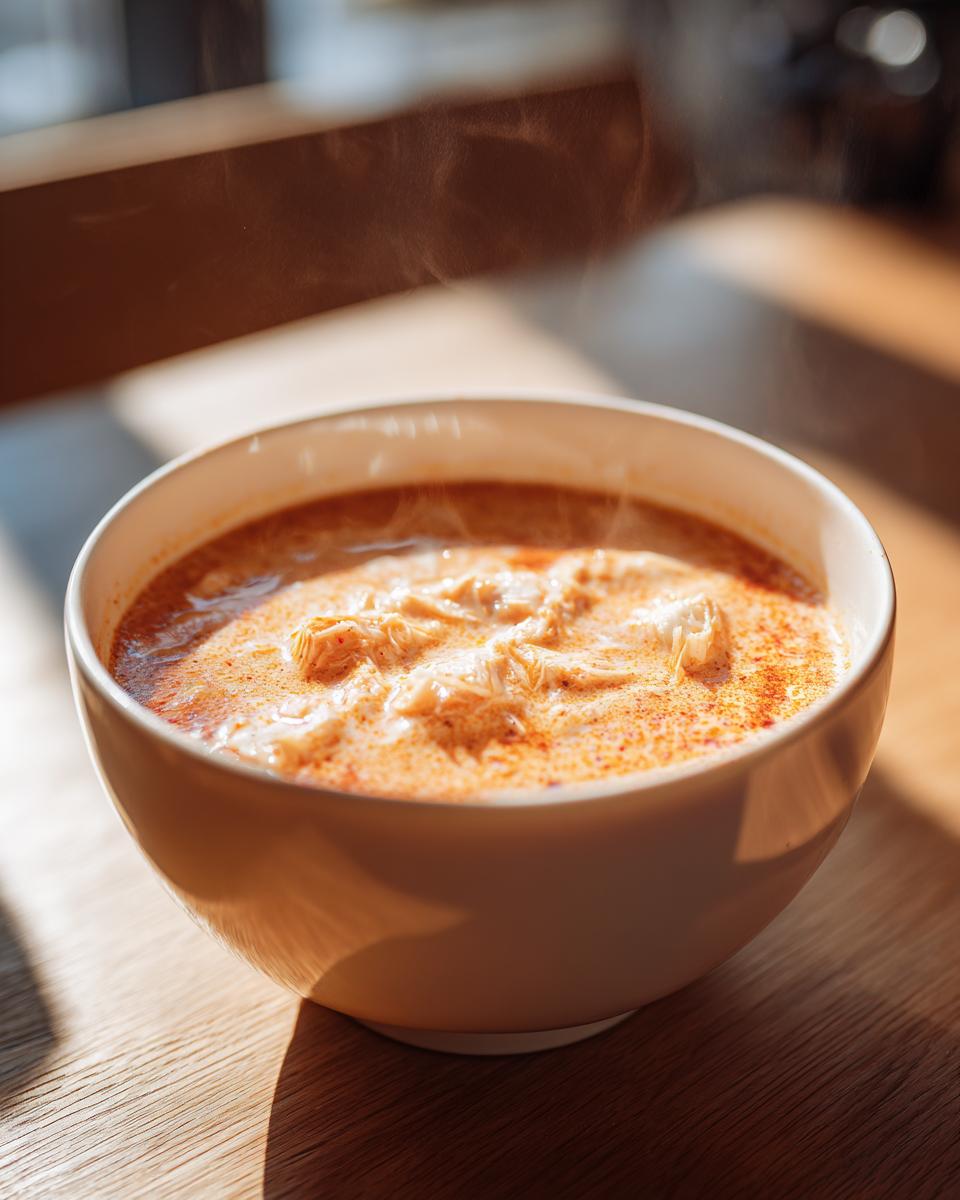 Close-up of a steaming white bowl filled with creamy, orange-hued crab soup, featuring visible shreds of crab meat.
