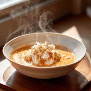 A steaming bowl of rich, orange-hued crab soup topped with a generous mound of white, flaked crab meat.