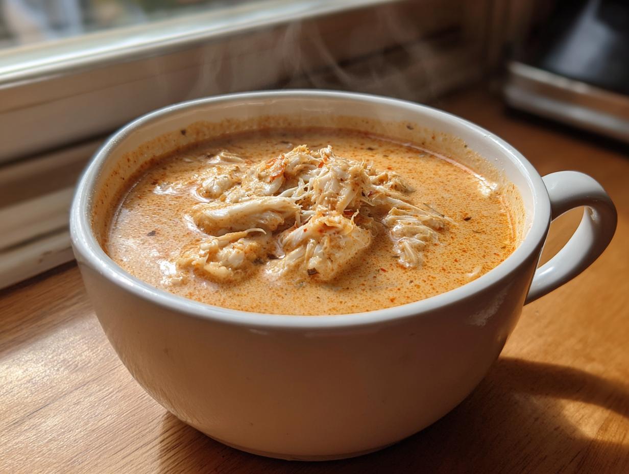 A steaming white mug filled with rich, orange-hued crab soup topped generously with shredded crab meat.