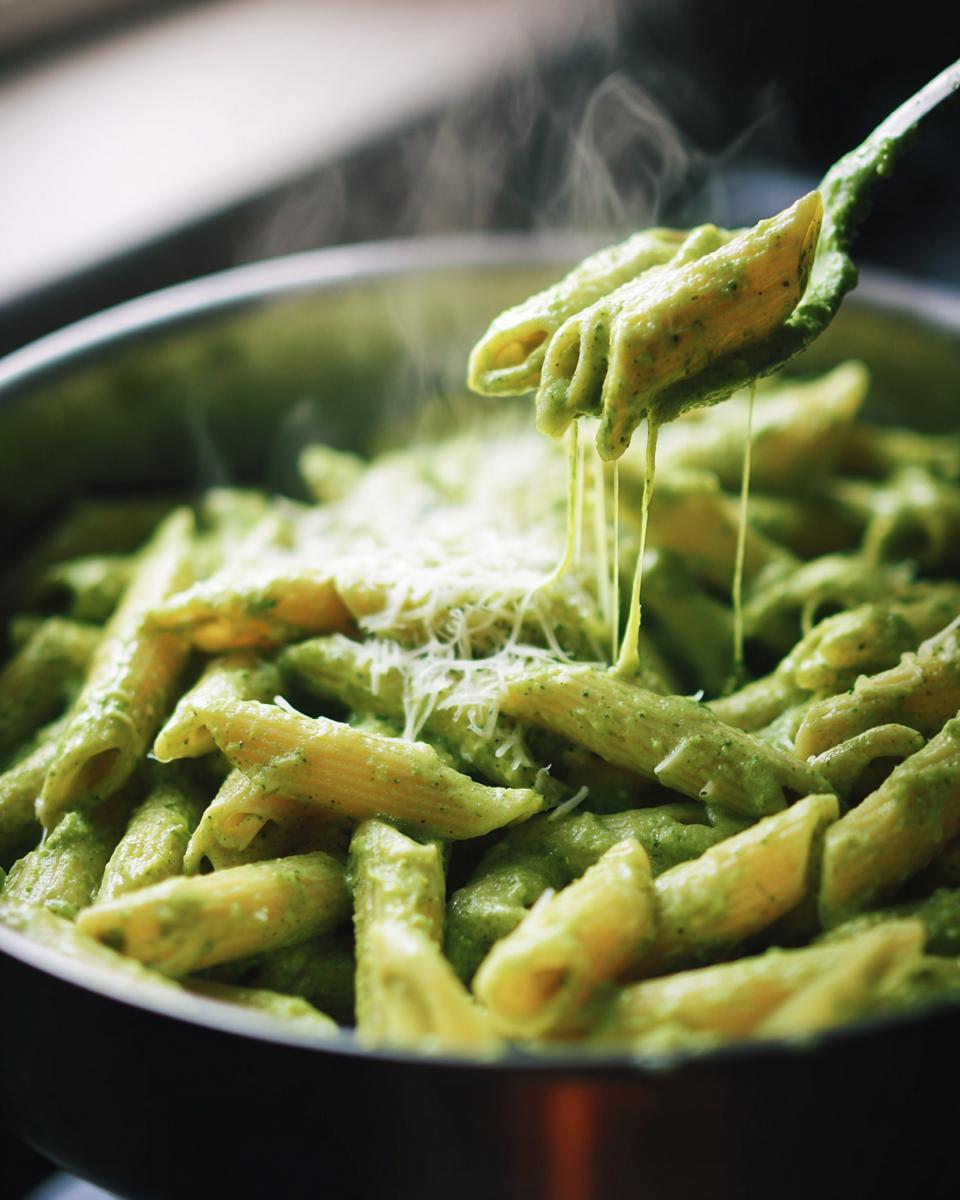 A close-up shot of steaming creamy pesto pasta being lifted from a pot, showing melted cheese stretching between the penne noodles.