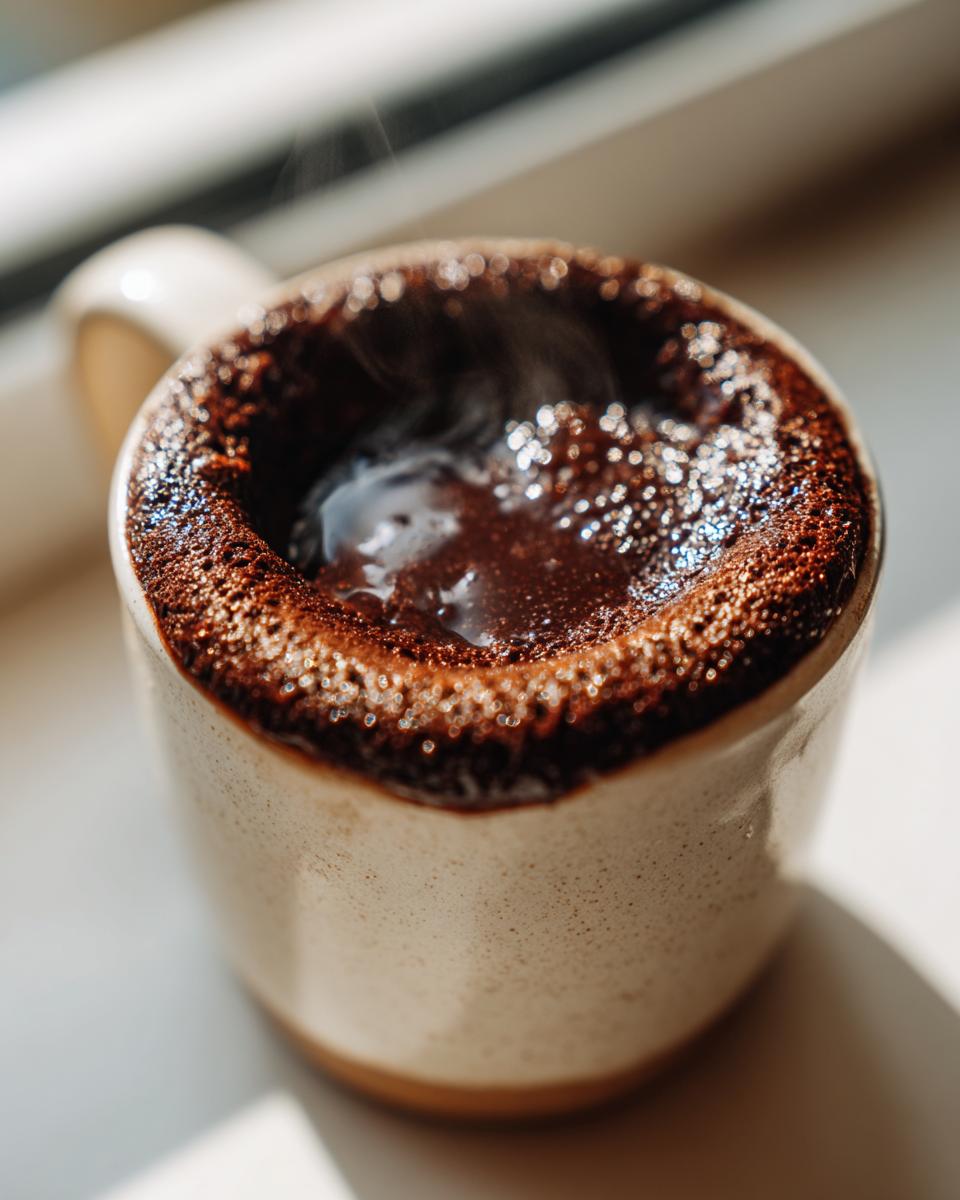 Close-up of rich, dark French hot chocolate steaming in a speckled ceramic mug.