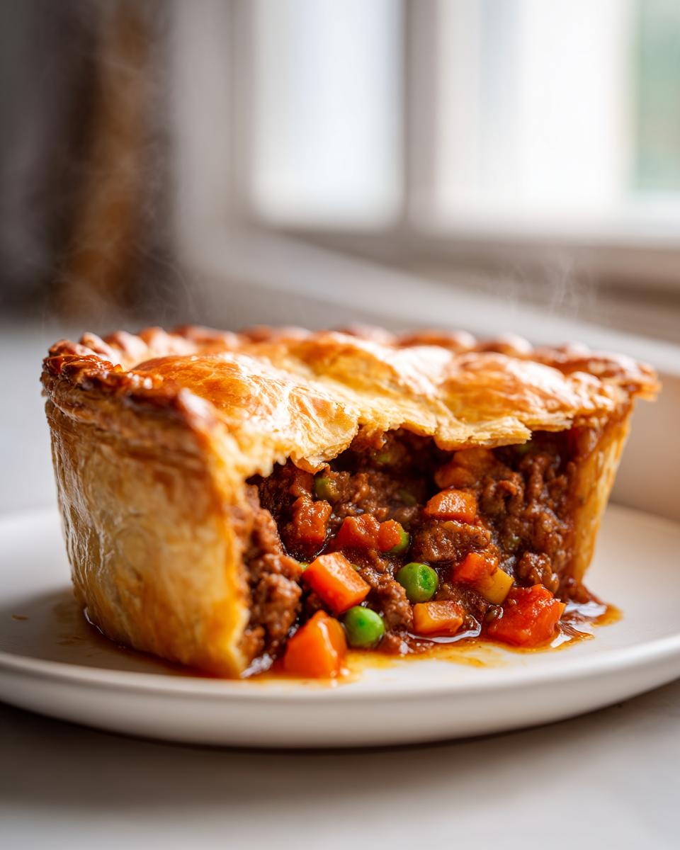 Close-up of a steaming hot individual meat pie with a golden flaky crust, revealing rich ground meat filling with carrots and peas.