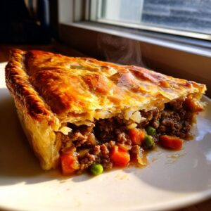 A close-up, steaming slice of a golden-crusted meat pie filled with ground beef and vegetables.