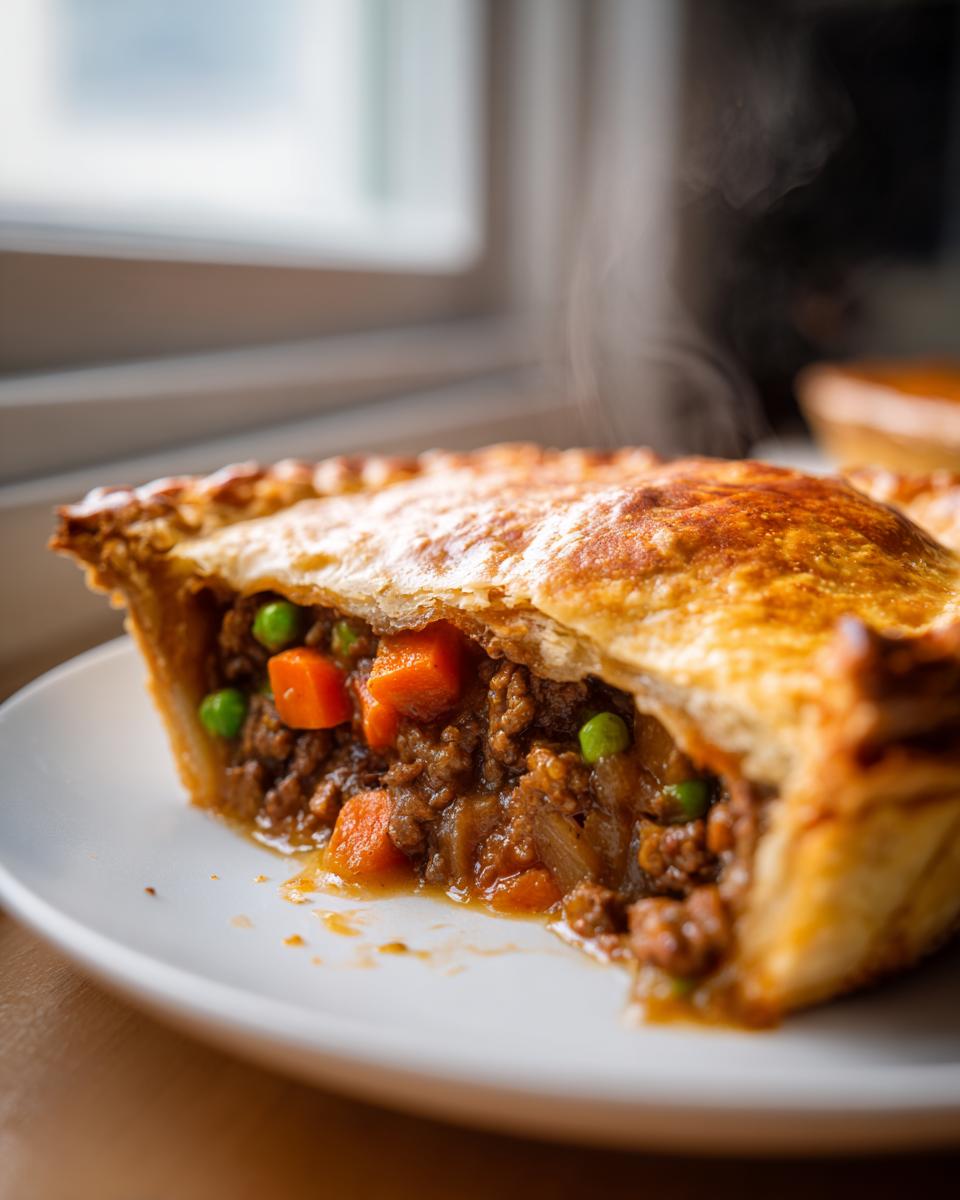 Close-up of a steaming slice of meat pie showing rich ground meat filling, carrots, and peas inside a golden crust.