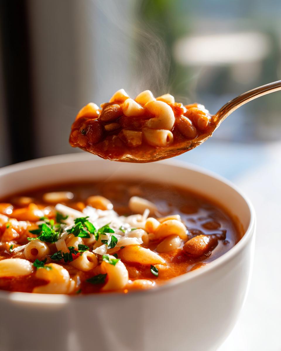 A spoonful of hot pasta fagioli soup, rich with beans and pasta, lifted above a white bowl.
