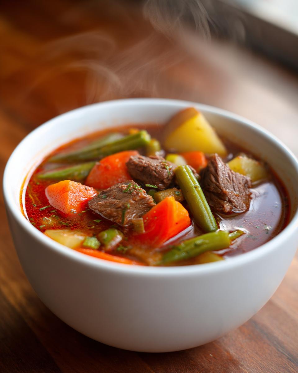 Close-up of a steaming white bowl filled with rich vegetable beef soup containing chunks of beef, carrots, potatoes, and green beans.