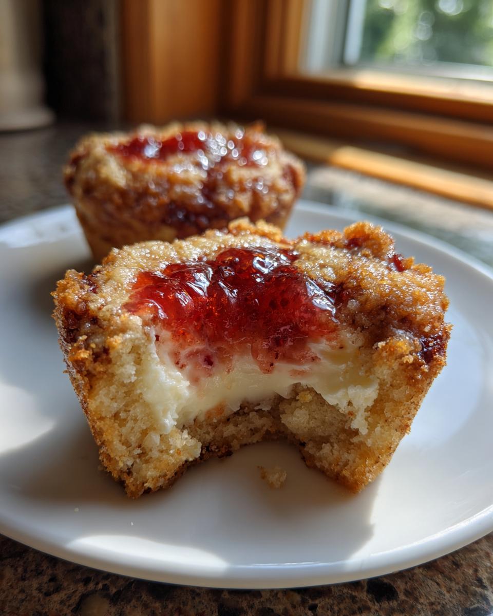 A close-up of a strawberry cheesecake cookies half-eaten, showing creamy filling and strawberry jam topping.