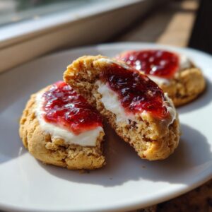 A strawberry cheesecake cookie cut in half showing the creamy filling and strawberry jam topping.