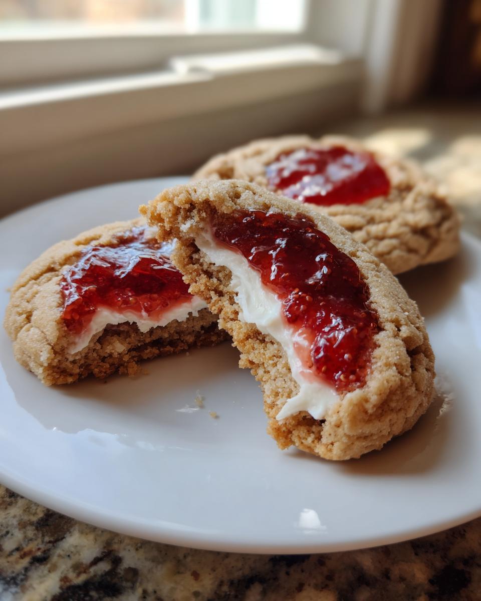 Close-up of a strawberry cheesecake cookie broken in half, showing creamy white filling and bright red strawberry jam topping.