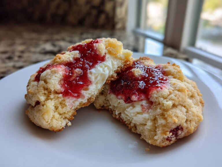 A strawberry cheesecake cookie broken in half showing creamy filling and strawberry jam topping.
