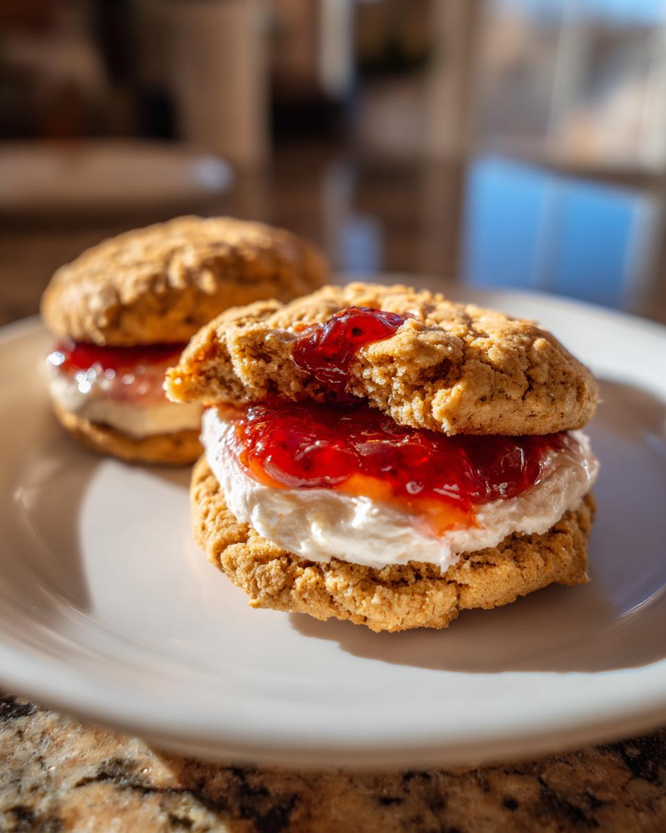 A strawberry cheesecake cookies sandwich, split open to show creamy filling and strawberry jam.