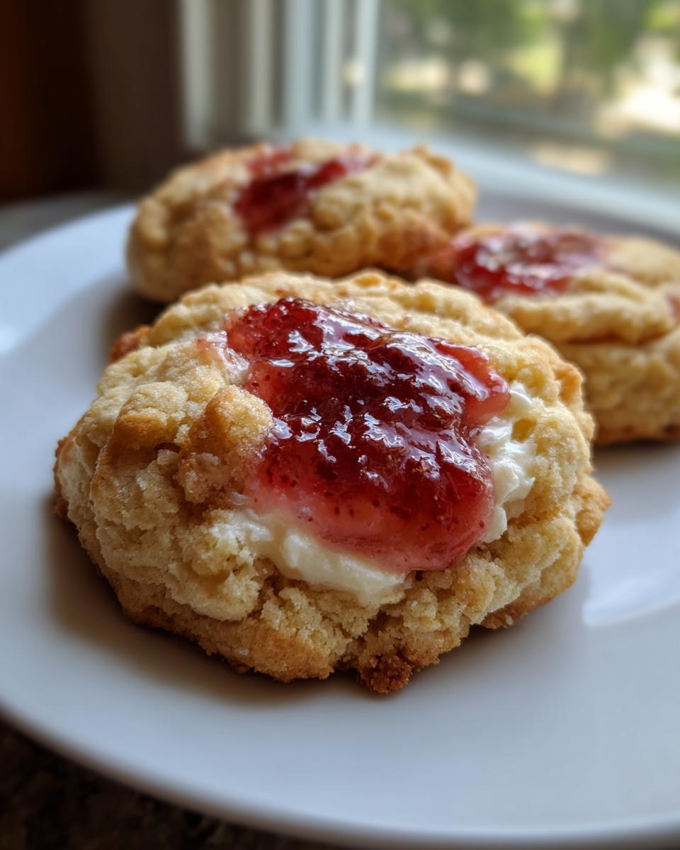 Close-up of a strawberry cheesecake cookie topped with cream cheese frosting and strawberry jam.