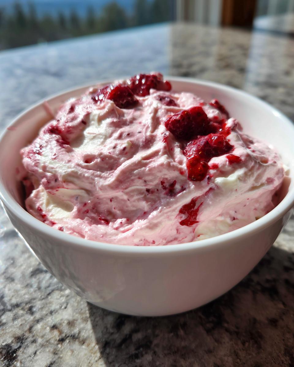 Close-up of a white bowl filled with pink and white swirled strawberry cheesecake dip topped with crushed strawberries.