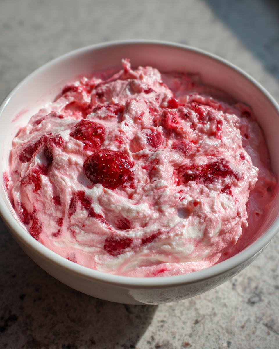 Close-up of a white bowl filled with creamy, pink and white swirled strawberry cheesecake dip, featuring visible chunks of fresh strawberries.
