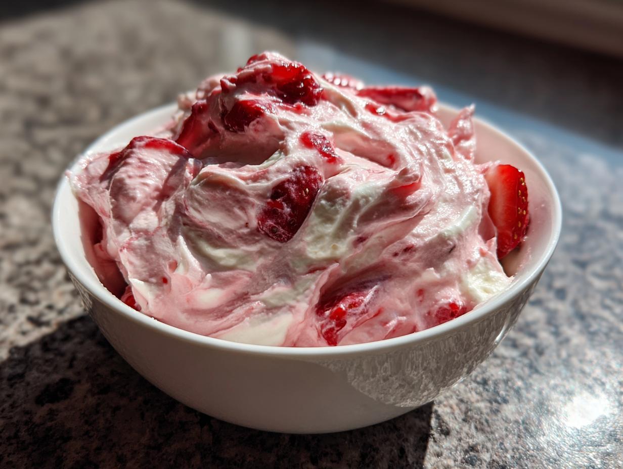 A white bowl filled with creamy, swirled strawberry cheesecake dip mixed with fresh strawberry pieces.