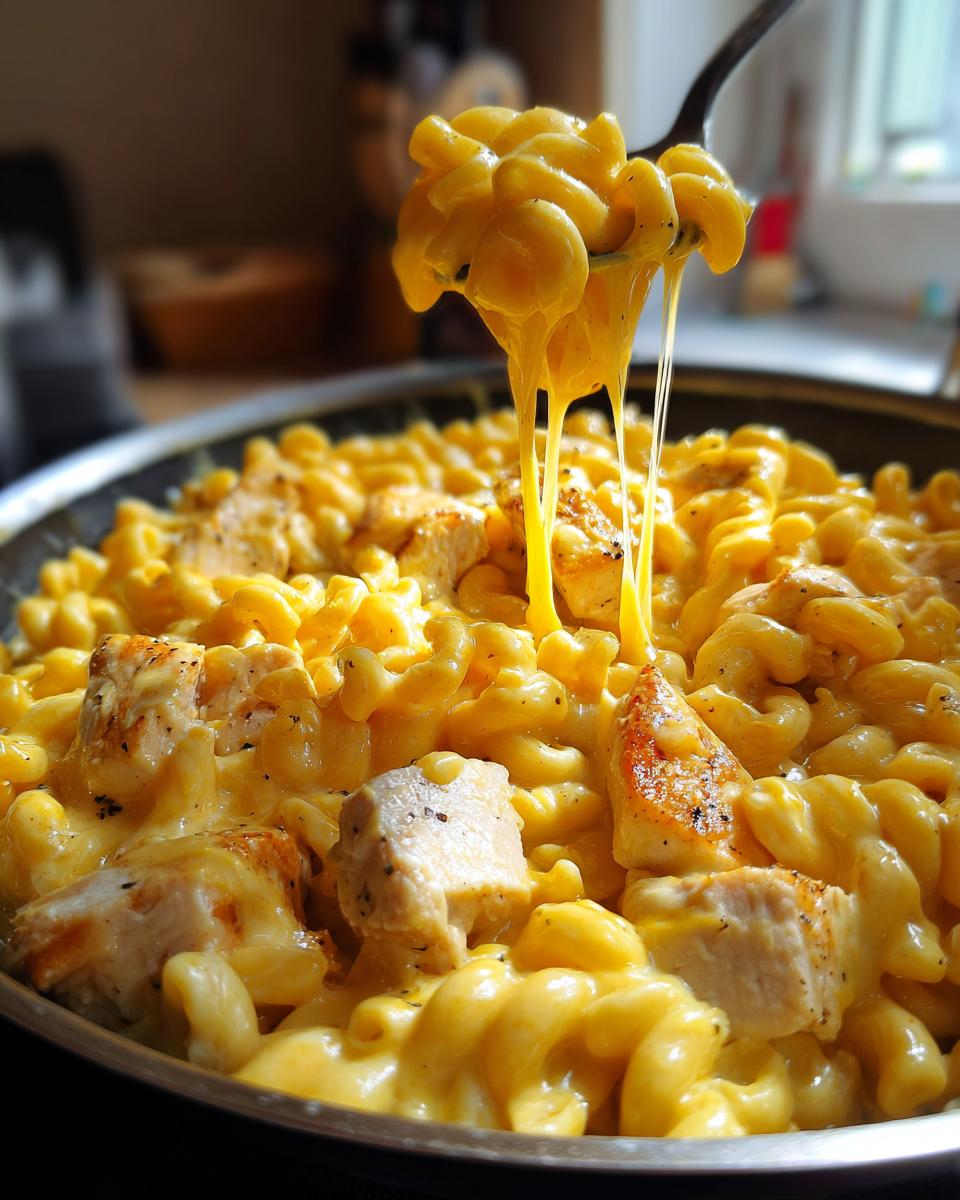 Close-up of a spoonful of cheesy chicken pasta being lifted, showing long, gooey cheese strings.