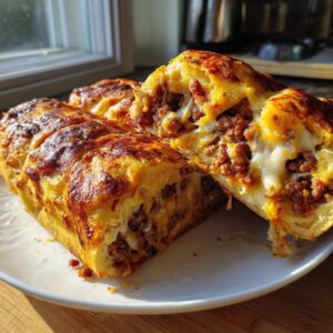A cross-section of baked garbage bread revealing a savory, cheesy ground meat filling inside golden dough.