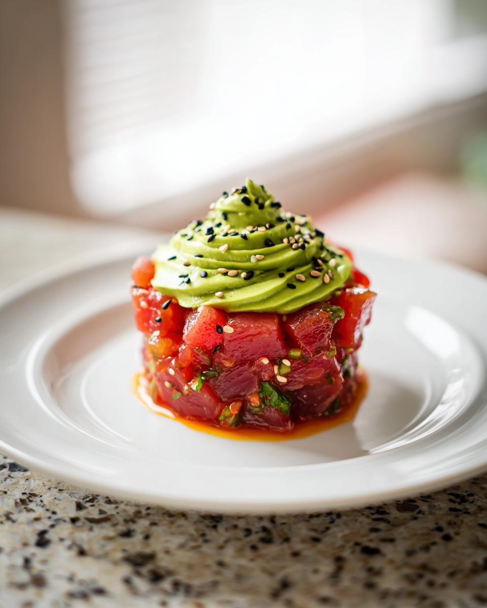 A beautifully plated tower of diced red tuna tartare topped with a swirl of green avocado puree and sesame seeds.