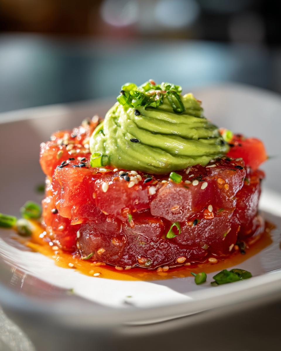 A close-up of a beautifully plated tuna tartare stack topped with piped avocado cream and sesame seeds.