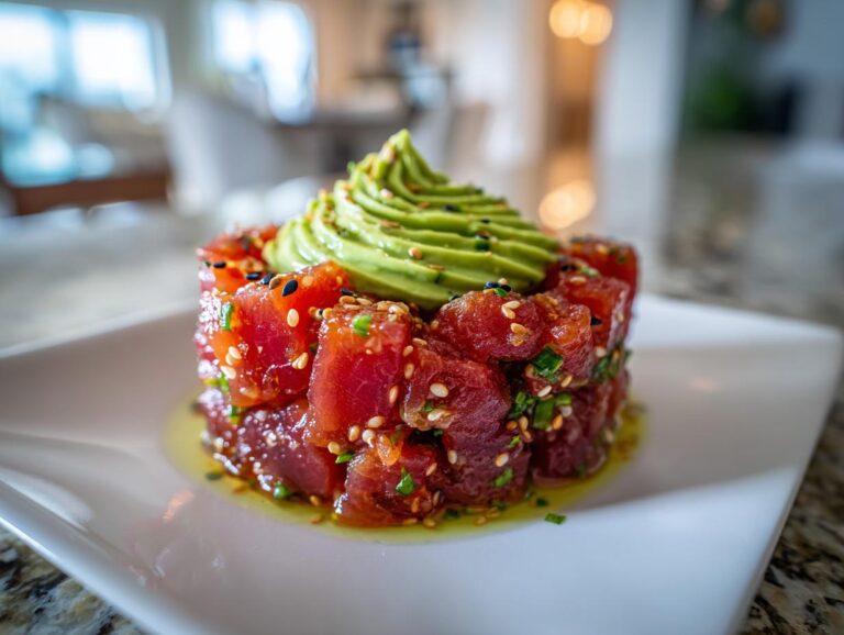 Close-up of vibrant red tuna tartare molded into a cylinder, topped with a swirl of green avocado puree and sesame seeds.