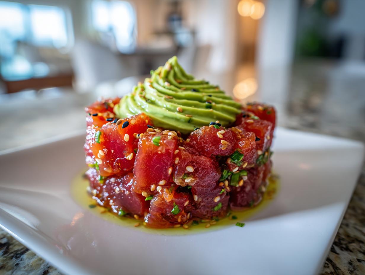 Close-up of vibrant red tuna tartare molded into a cylinder, topped with a swirl of green avocado puree and sesame seeds.