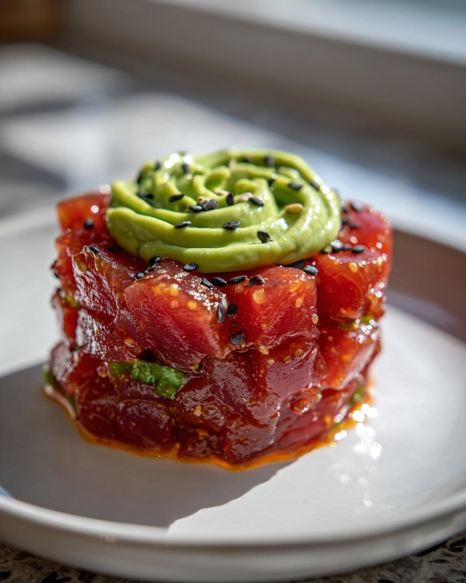 A beautifully stacked portion of glistening, marinated tuna tartare topped with a swirl of green avocado puree and black sesame seeds.