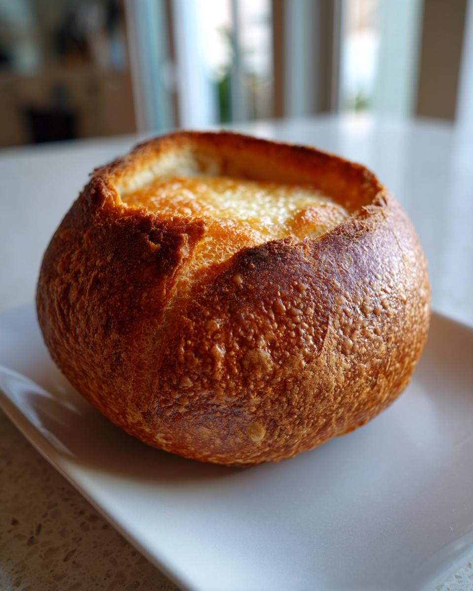 A single, perfectly baked bread bowl with a golden, crusty exterior, filled with melted, bubbly cheese.