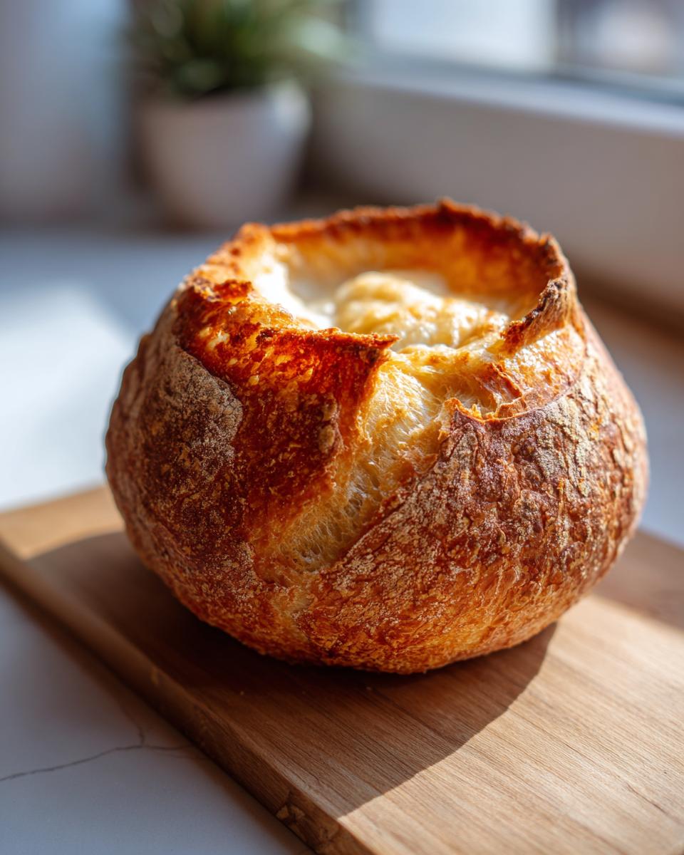 A golden-brown, sturdy bread bowl filled with a creamy, melted cheese mixture, sitting on a wooden board.