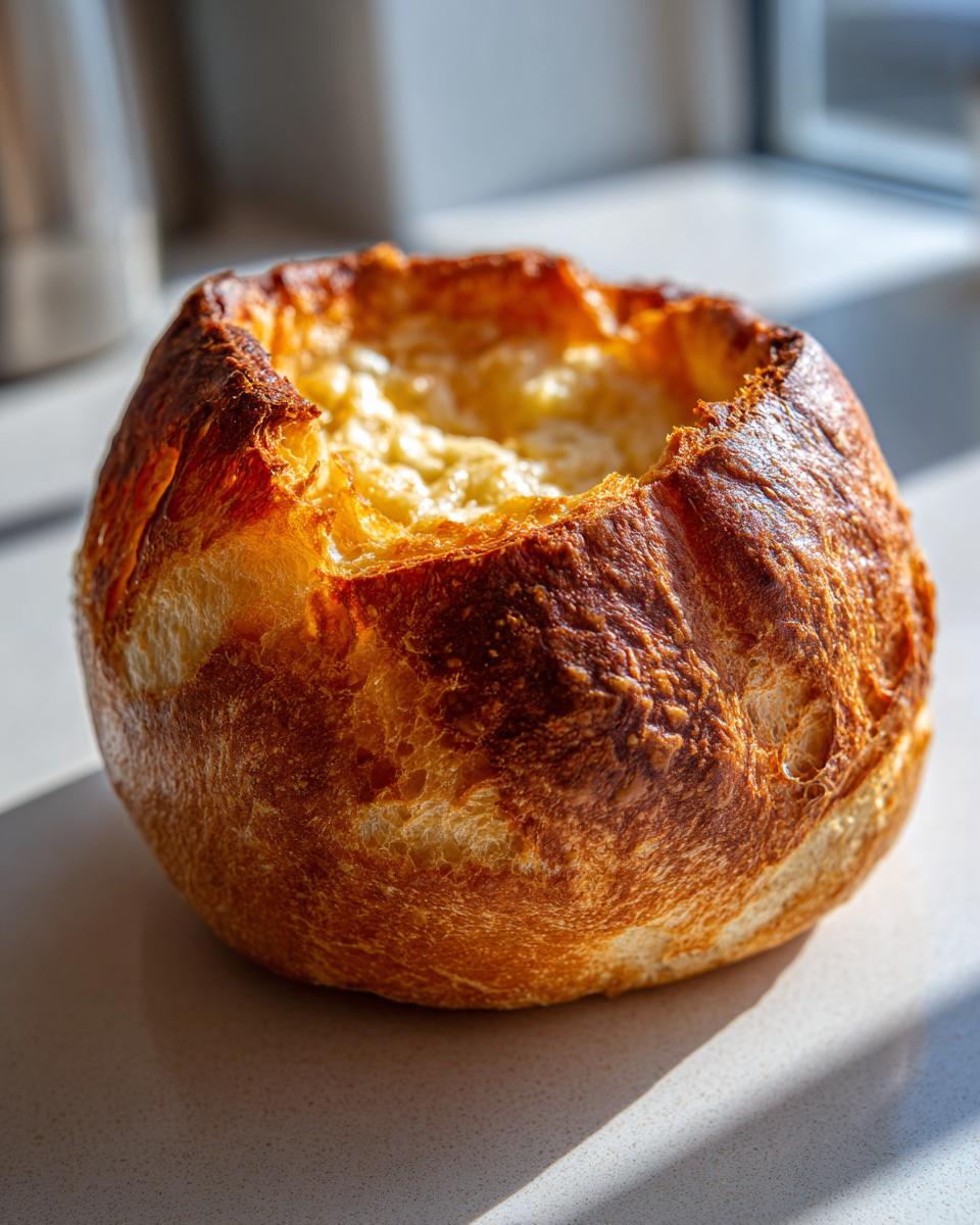 A close-up of a single, sturdy bread bowl with a golden-brown crust, filled with melted cheese.