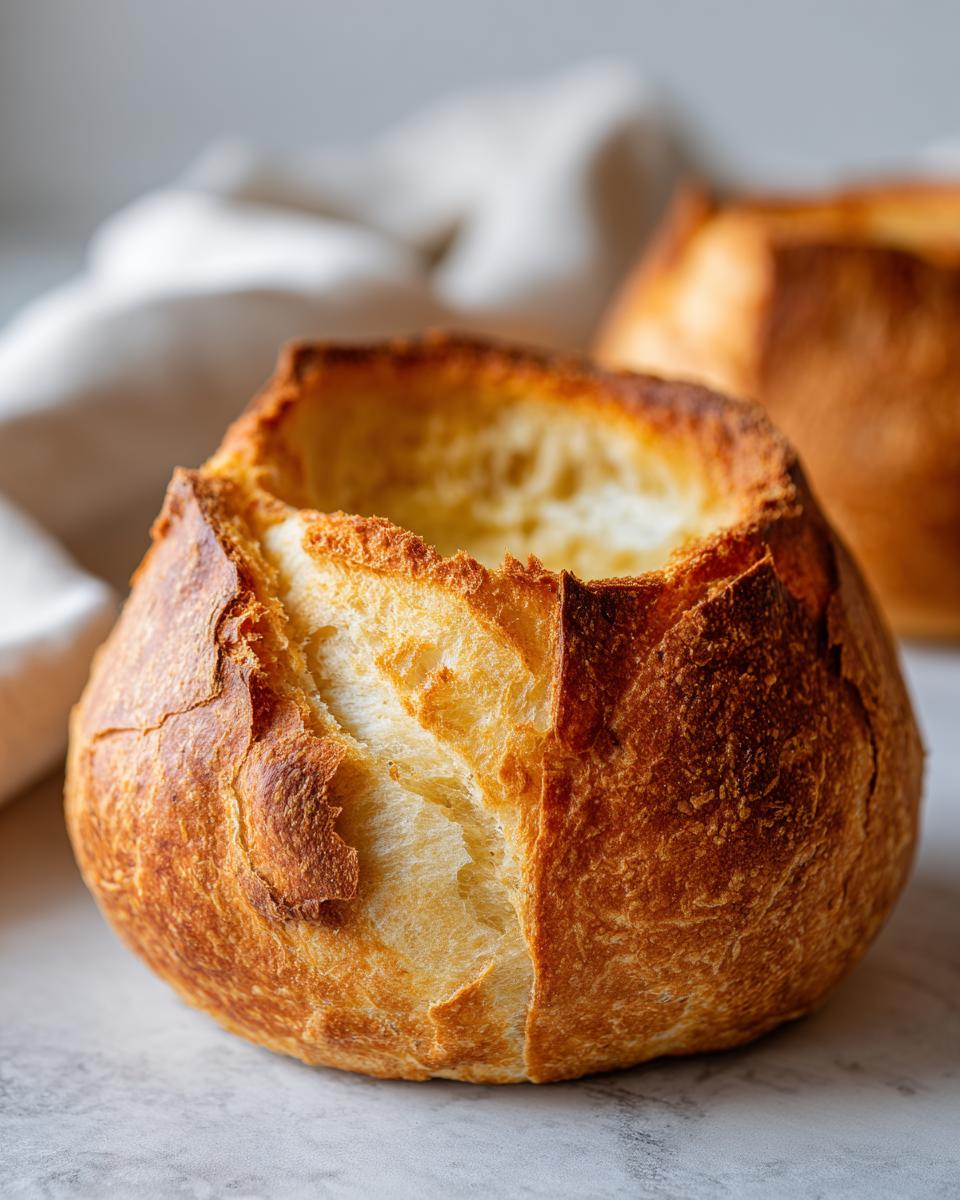 Close-up of a golden-brown, sturdy bread bowl with the top sliced open, ready to hold soup or dip.