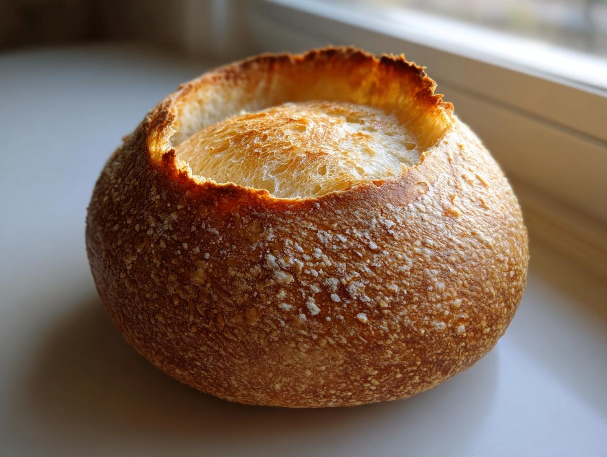 A single, round, crusty bread bowl with the top sliced off, ready to be filled with soup or stew.