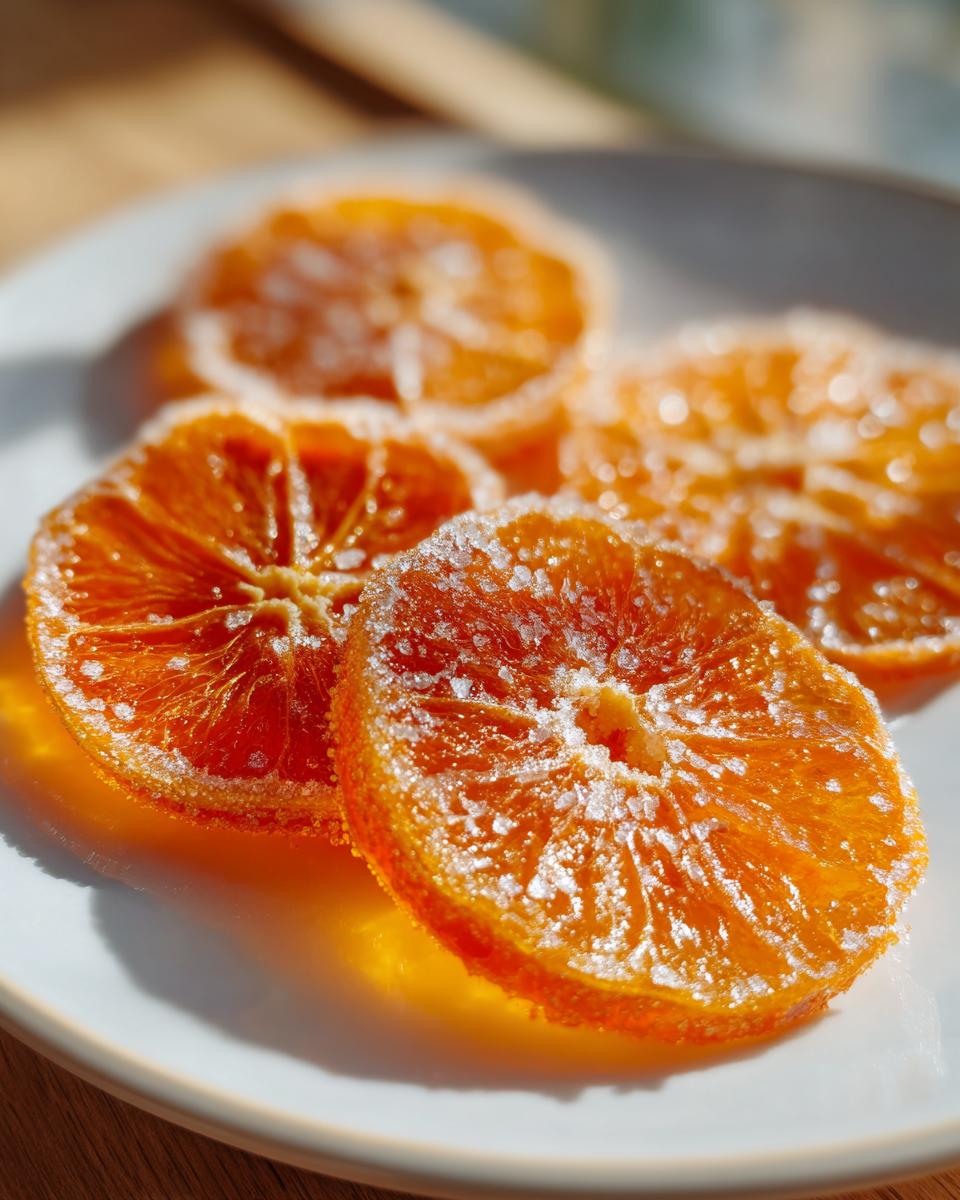 Close-up of bright orange candied orange slices heavily coated in sparkling white sugar crystals.