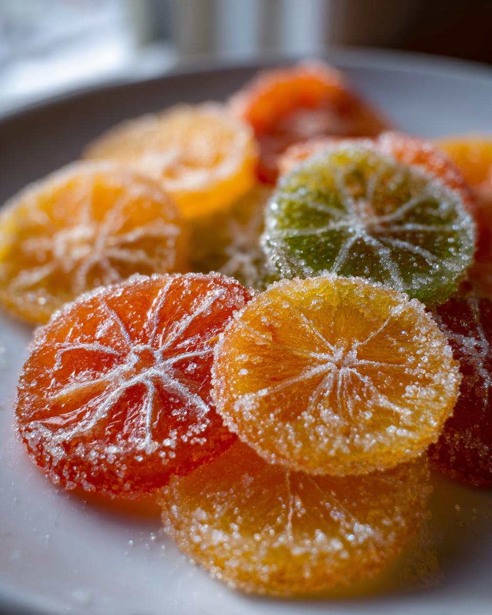 A close-up, macro shot of several vibrant candied orange slices coated heavily in sparkling sugar.