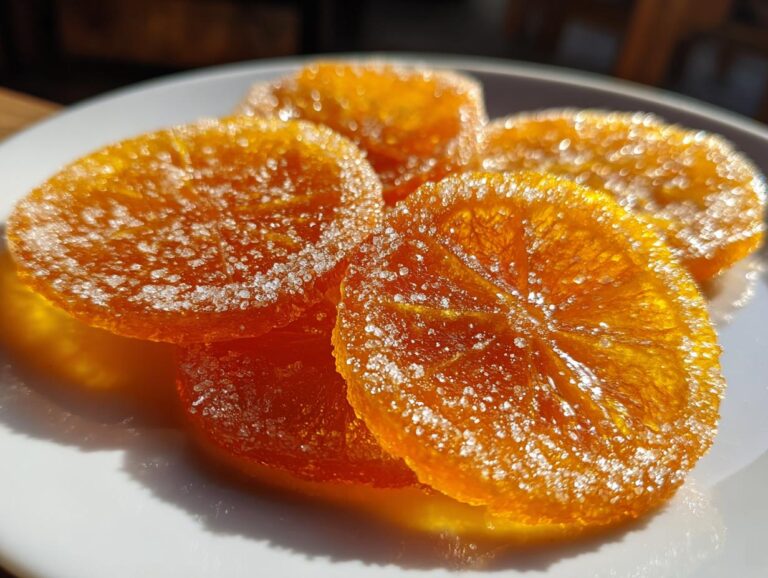 Close-up of glistening, sugar-coated candied orange slices stacked on a white plate in bright sunlight.