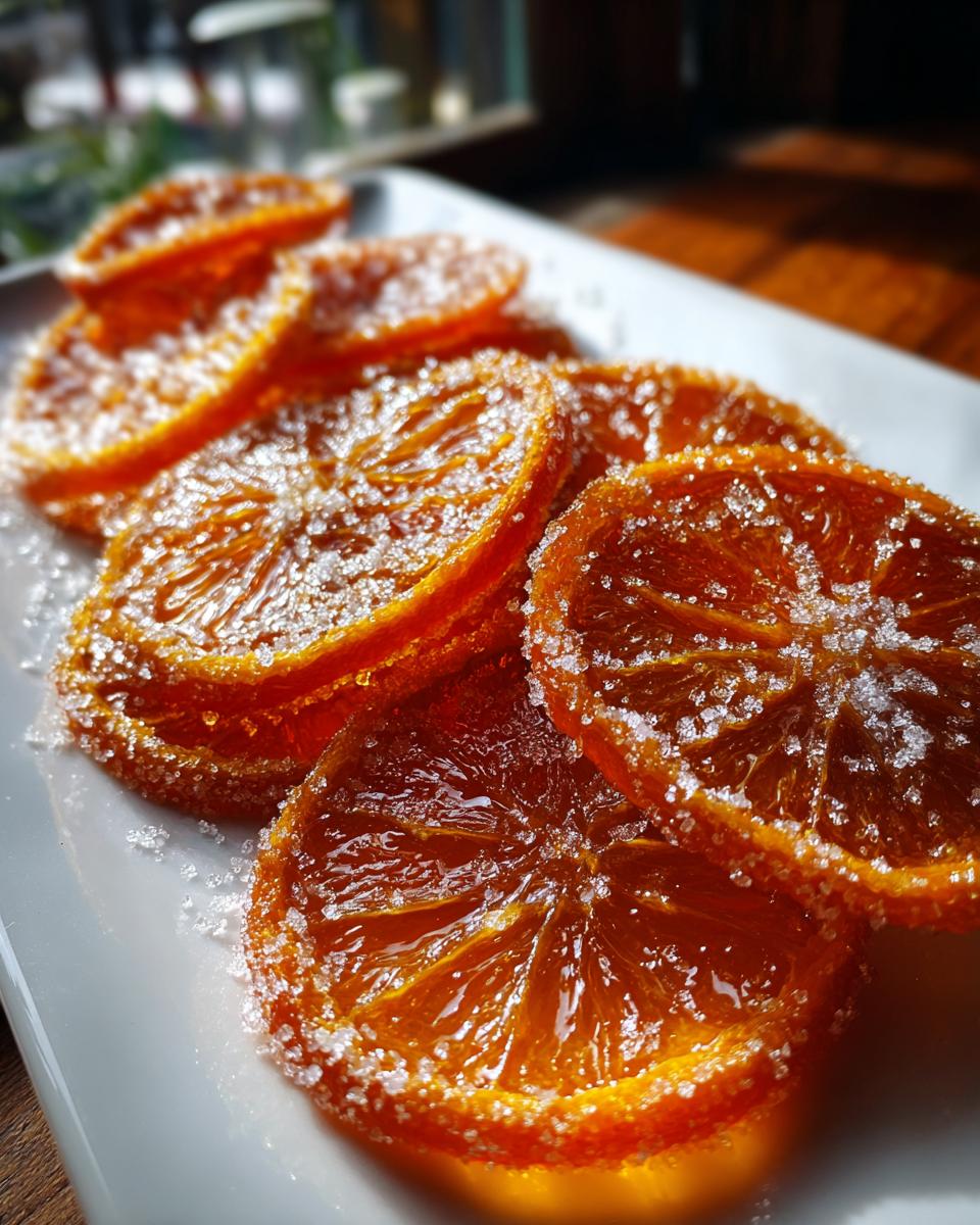 Close-up of glistening candied orange slices heavily coated in granulated sugar, ready to eat.