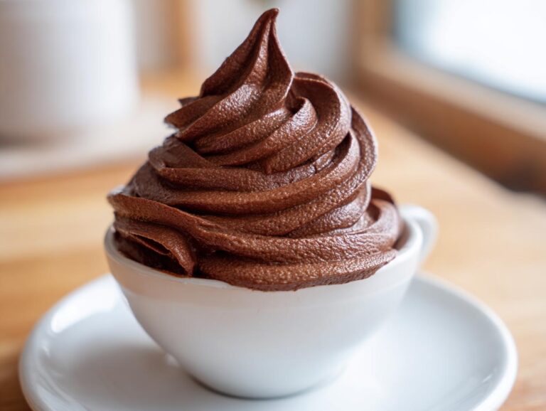 A perfect swirl of rich, dark brown chocolate frosting served in a small white espresso cup.