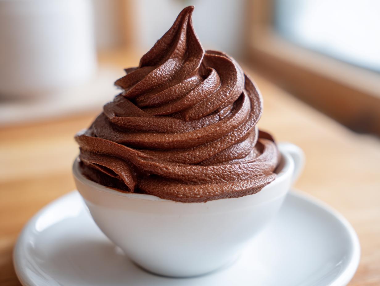 A perfect swirl of rich, dark brown chocolate frosting served in a small white espresso cup.