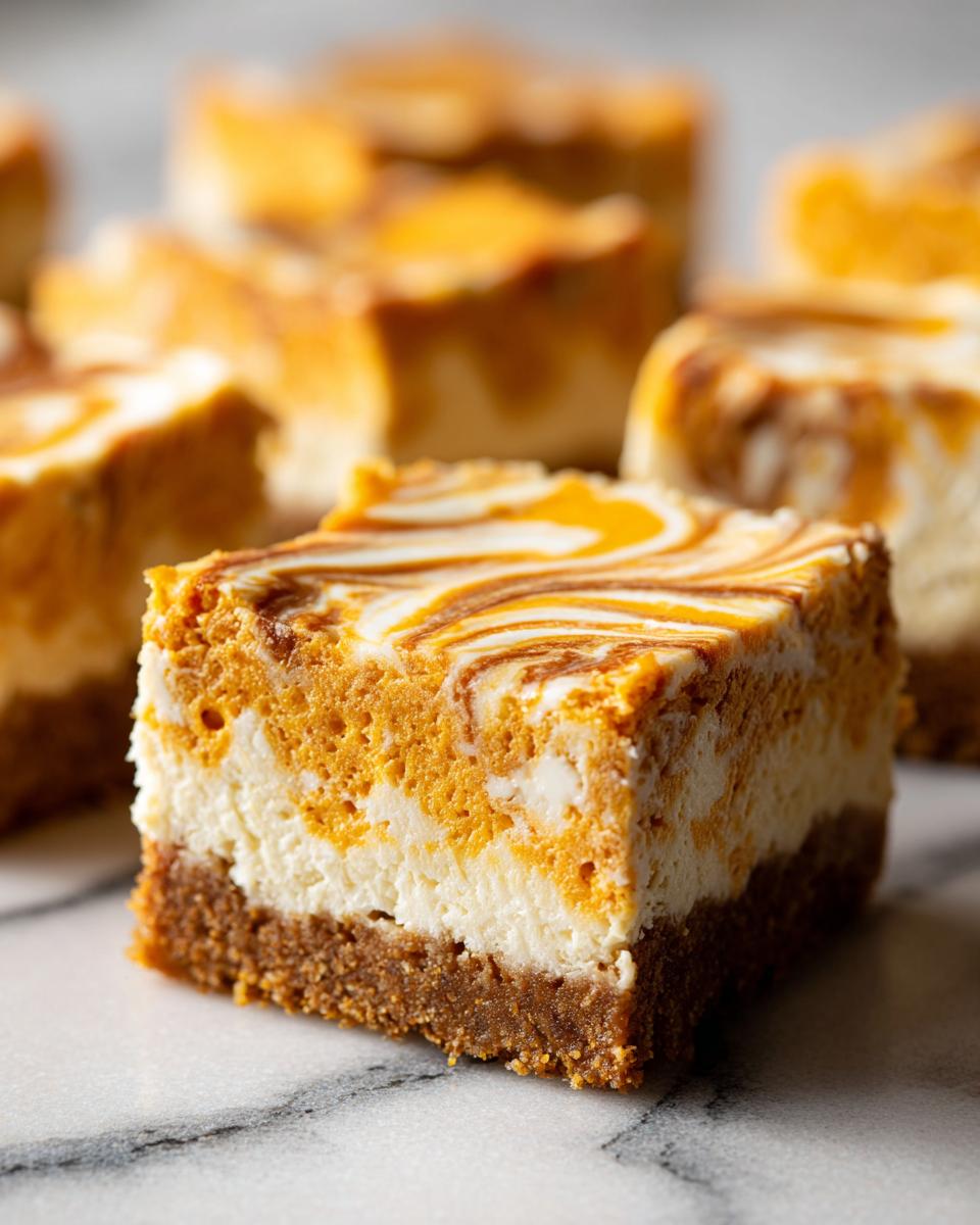 A single, thick square of pumpkin cheesecake bars showing a graham cracker crust, a white cheesecake layer, and a swirled pumpkin top.