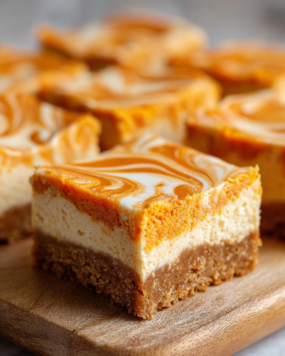 A single, thick square of pumpkin cheesecake bars with a graham cracker crust and a marbled orange and white topping.