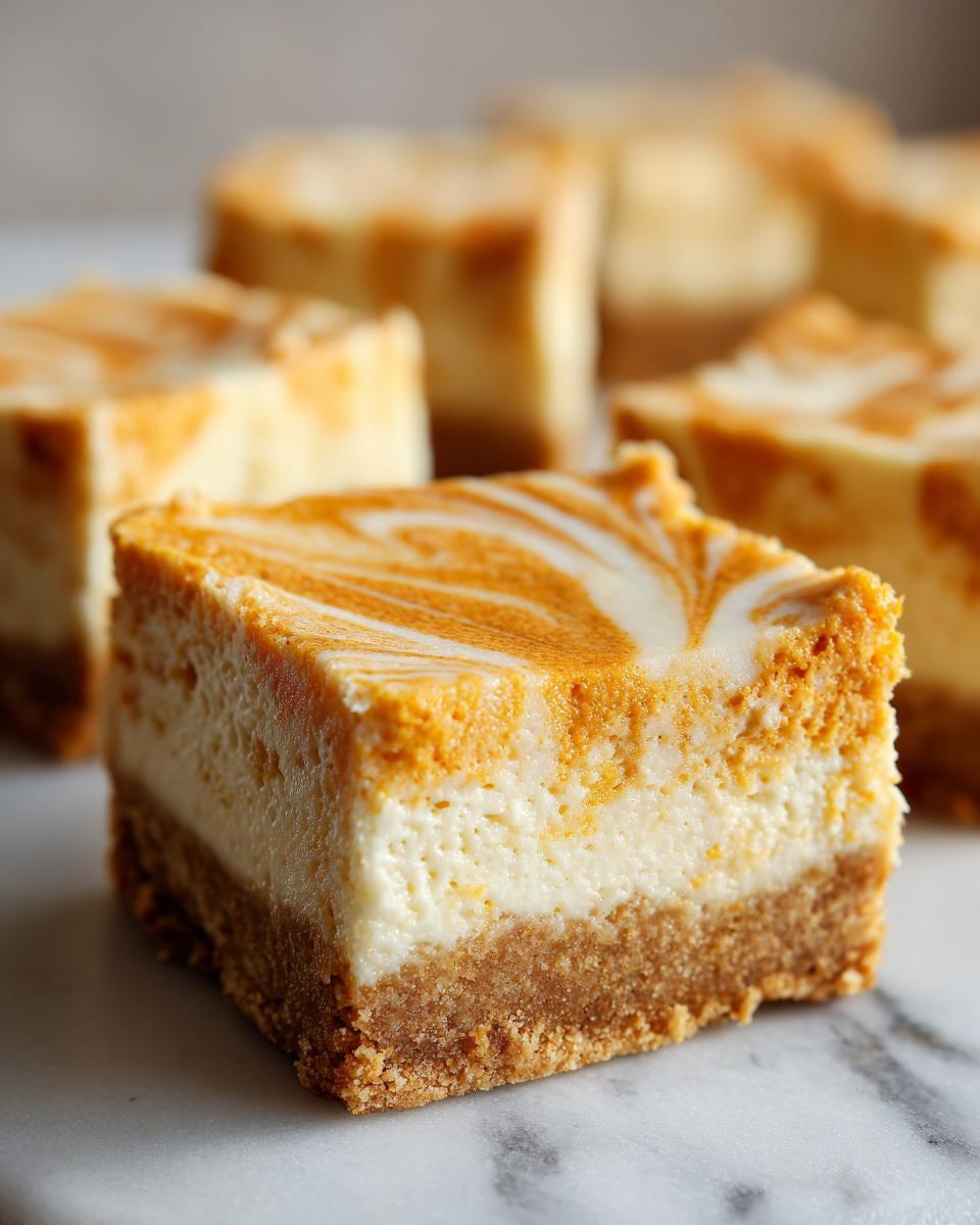 A close-up of a single square of pumpkin cheesecake bars showing a graham cracker crust and a marbled orange and white top.
