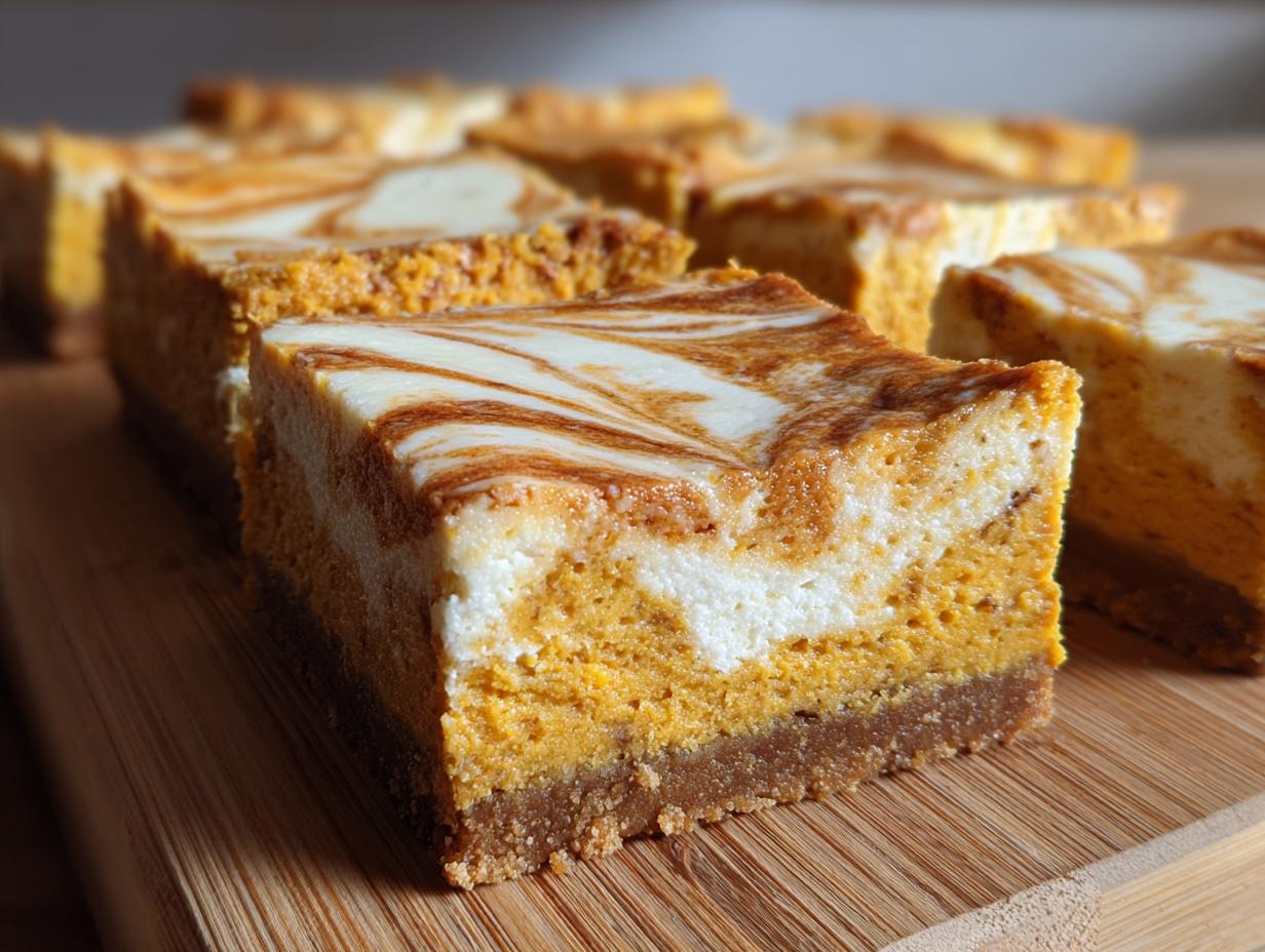 Close-up of a freshly cut, thick pumpkin cheesecake bars slice with a marbled cream cheese swirl topping.