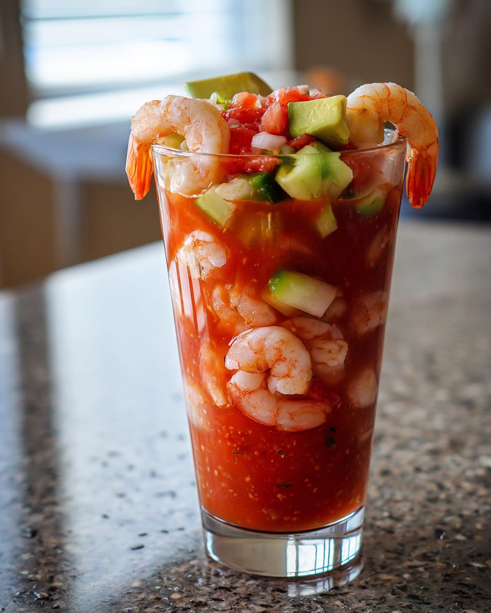 A tall glass filled with vibrant red shrimp cocktail sauce, shrimp, avocado, and diced tomatoes, garnished with shrimp on the rim.