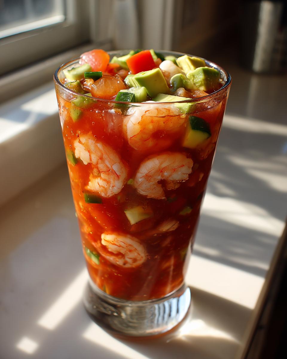 Close-up of a tall glass filled with vibrant shrimp cocktail, featuring shrimp, avocado, and tomato in a rich sauce.