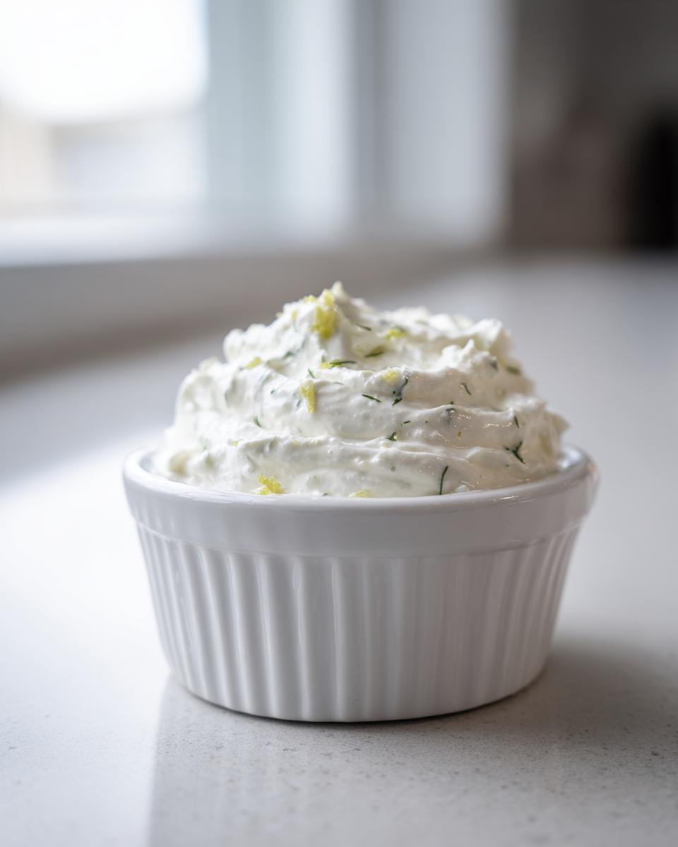 A swirl of creamy homemade tartar sauce recipe garnished with dill and lemon zest in a small white bowl.