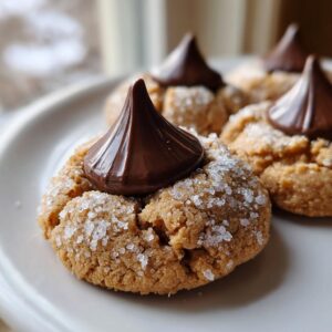 A close-up of a freshly baked peanut butter blossom cookie rolled in sugar, topped with a melted chocolate kiss.