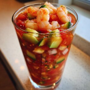 Close-up of a vibrant shrimp cocktail in a glass, featuring cooked shrimp, avocado chunks, and tomato sauce.