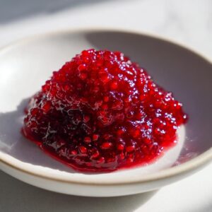 Close-up of a glistening mound of bright red, textured raspberry jam in a small, light-colored bowl.